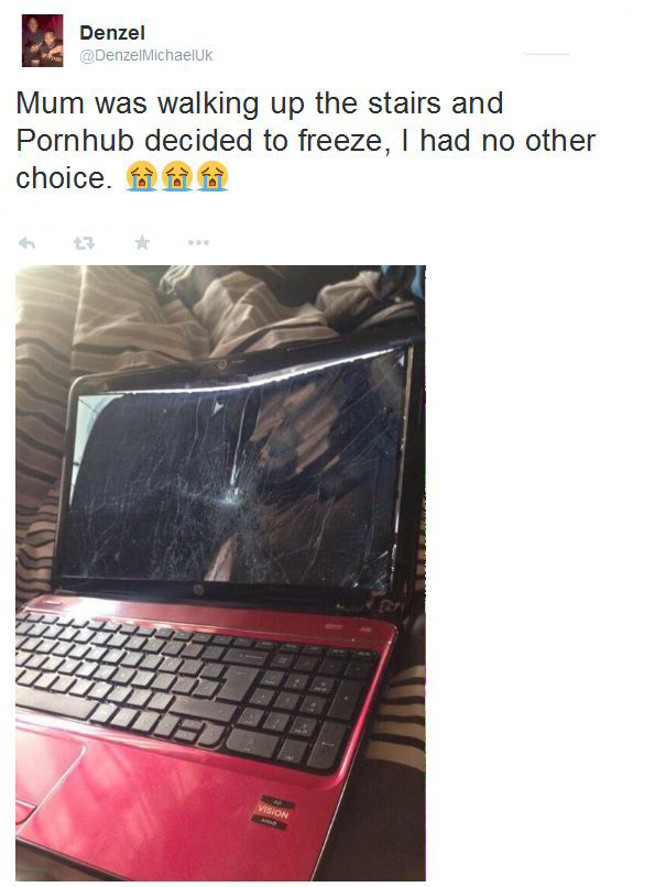 Известный порносайт вышлет своему пользователю новый ноутбук, взамен старого, который он разбил, опасаясь, что мать застанет его за просмотром порно (2 фото)