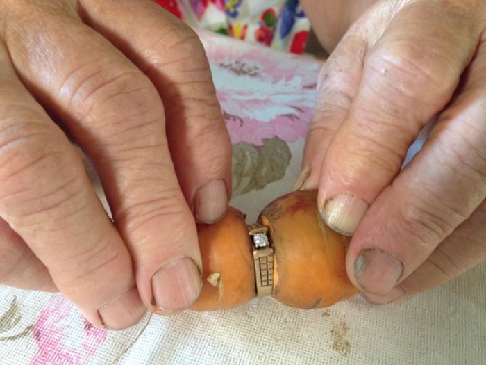 Потерянное 13 лет назад бриллиантовое кольцо было найдено на моркови (4 фото)