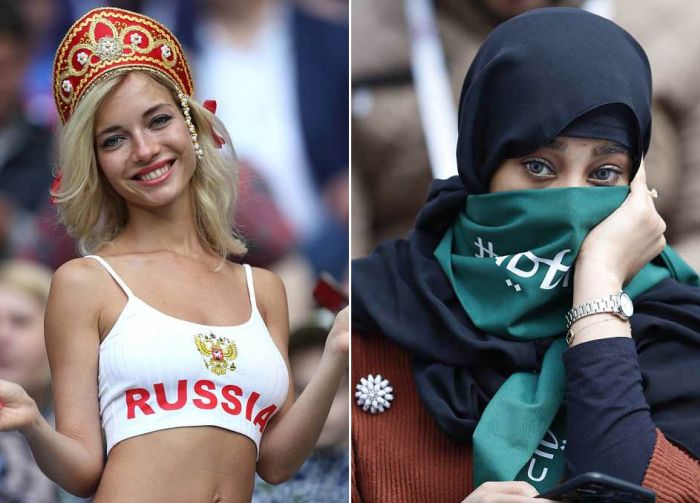 Отличия между российскими и саудовскими болельщицами на матче ЧМ-2018 (18 фото) Отличия между российскими и саудовскими болельщицами на матче ЧМ-2018 (18 фото)